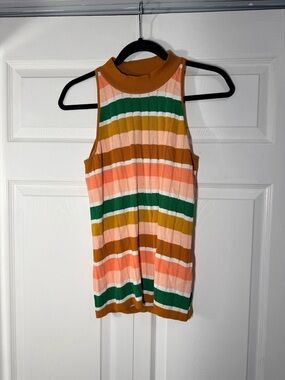 eva mendes for New York & Company Striped Mock Neck Tank in Pink, Green & Tan